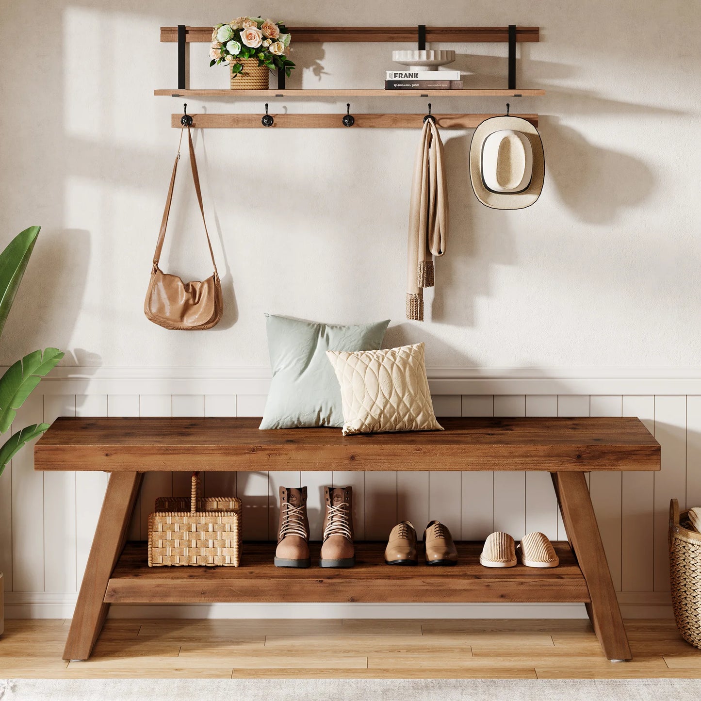 Tribesigns Solid Wood Entryway Bench 2 Tier Shoe Storage