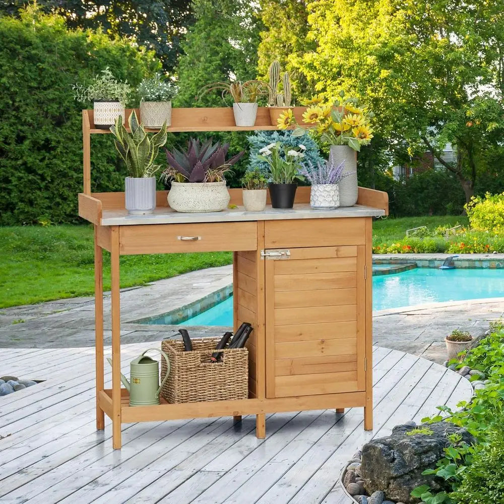 Wooden Outdoor Potting Bench With Metal Top Cabinet Drawer