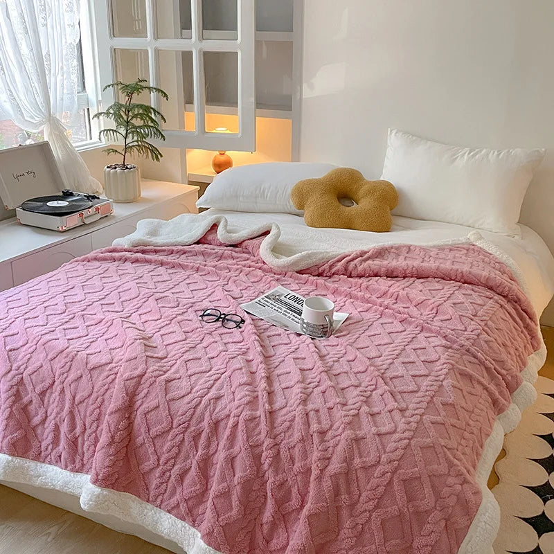 KDV Plush Fleece Double Layer Multifunctional Blanket Diamond Striped Throw