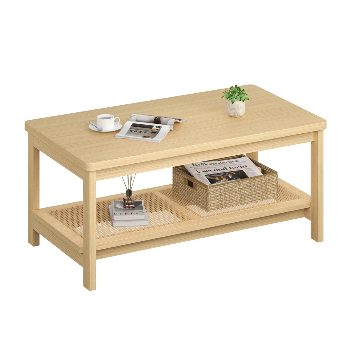 HiMISS Boho Rattan Coffee Table With Storage Shelf Two Tier