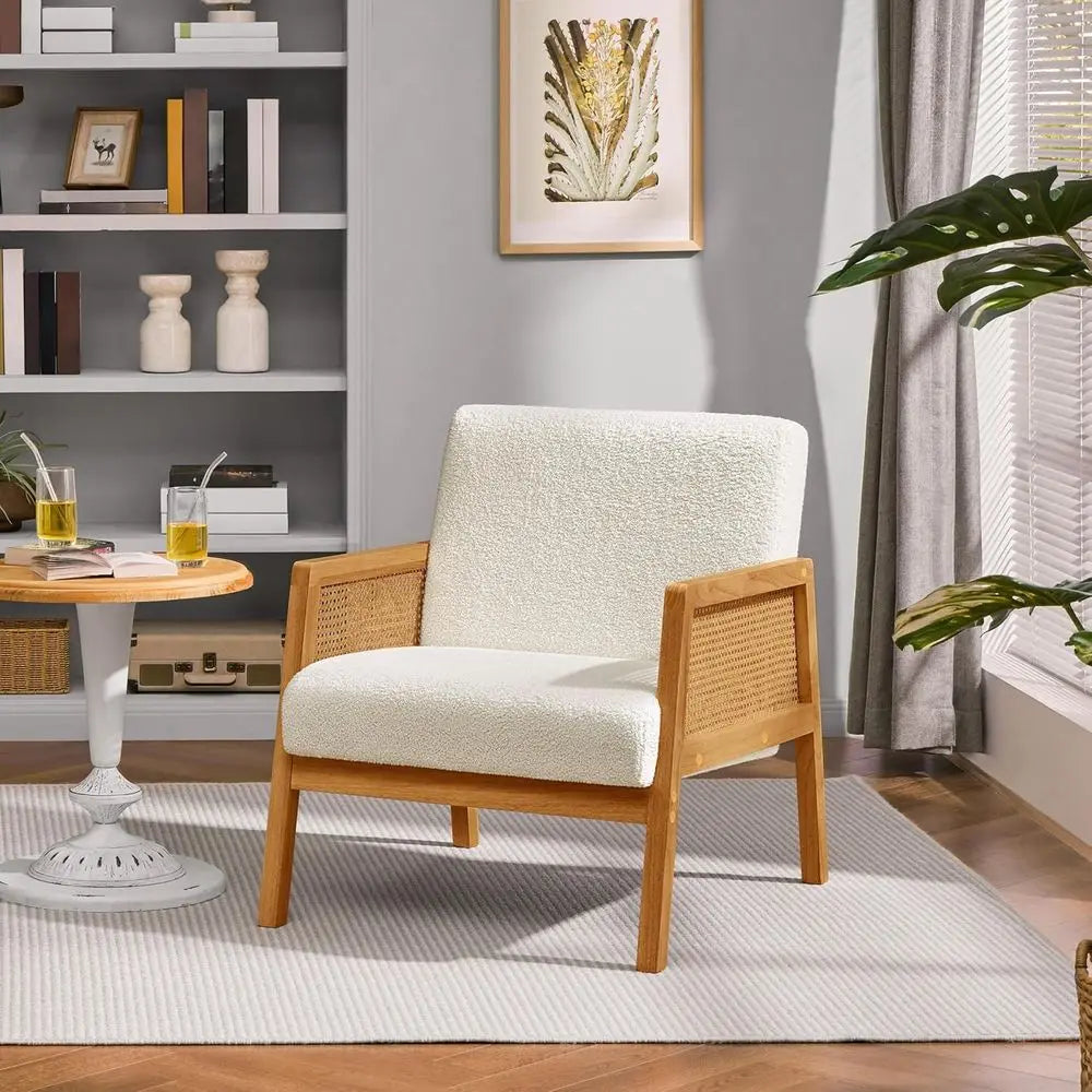 Rattan Accent Chairs Set of 2 Boho Boucle Fabric Armchairs