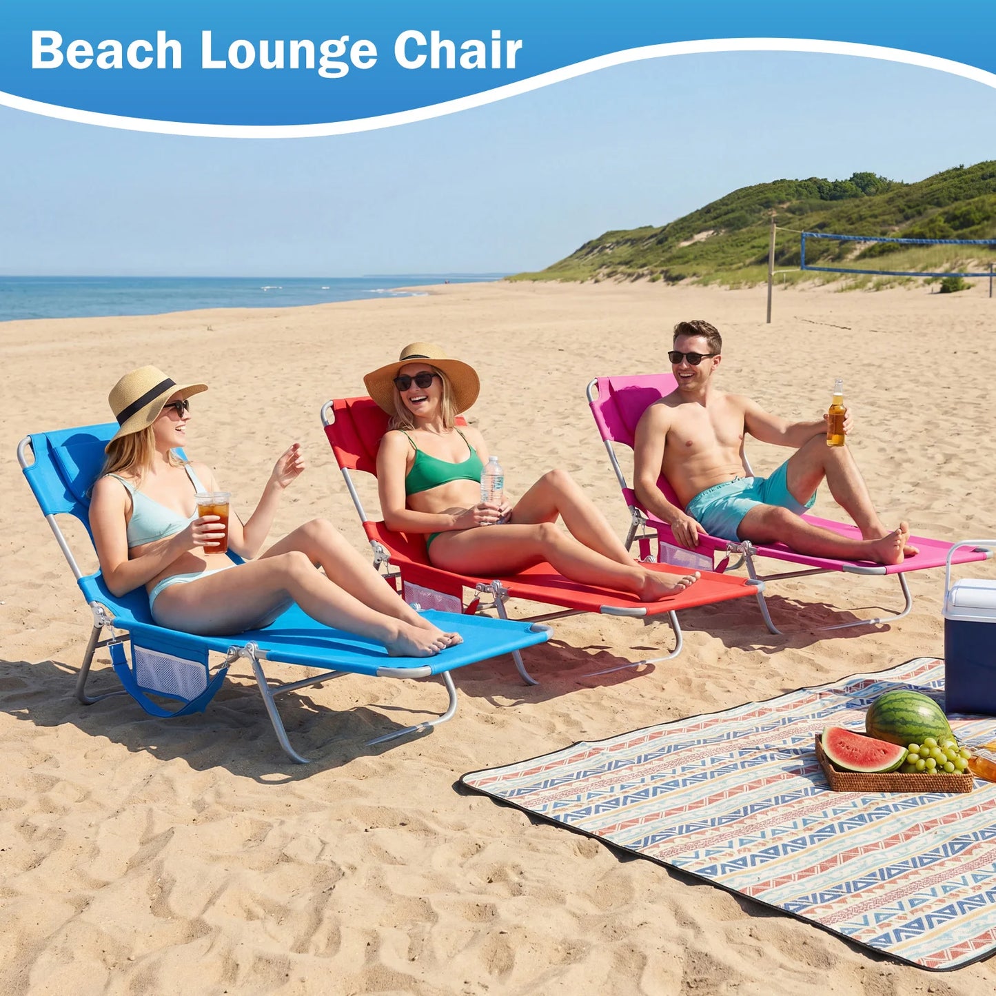 JHK Five Position Adjustable Recline Beach Lounge Chair Portable Folding