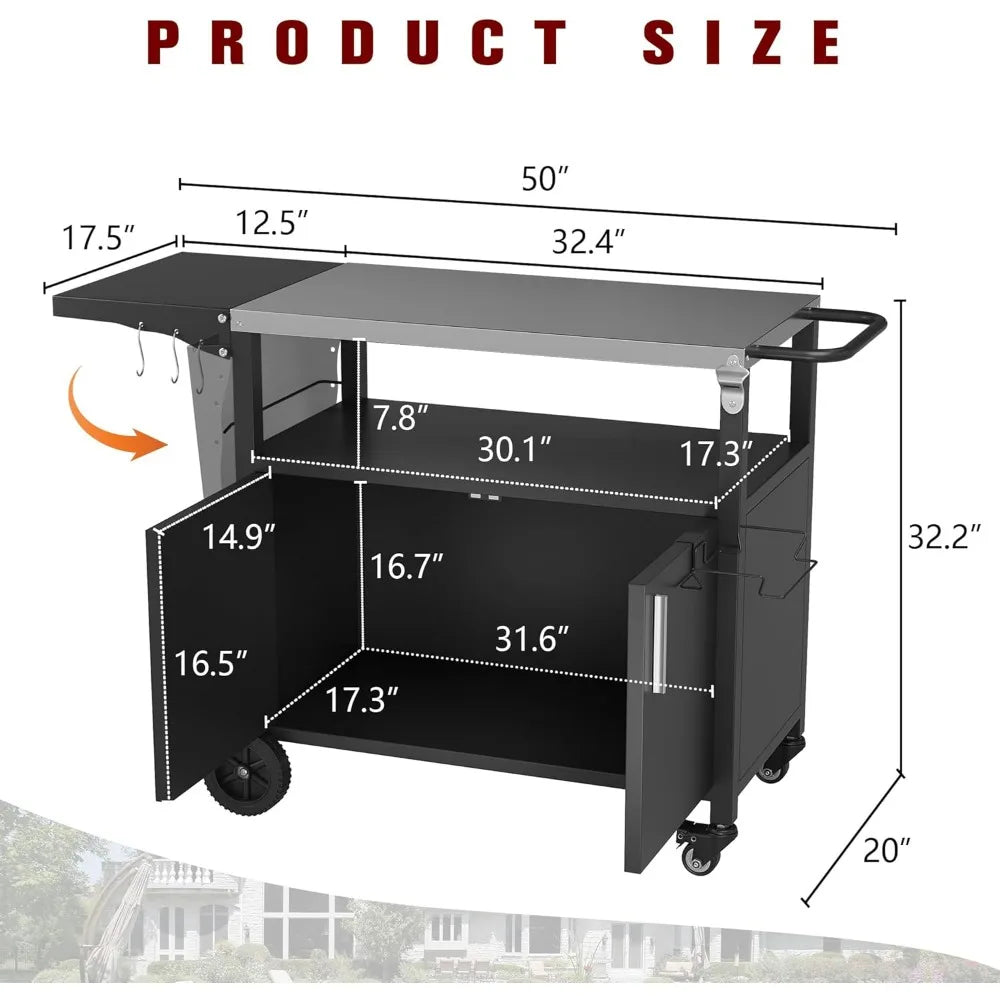 Outdoor Grill Cart Storage Kitchen Island With Foldable Steel Top