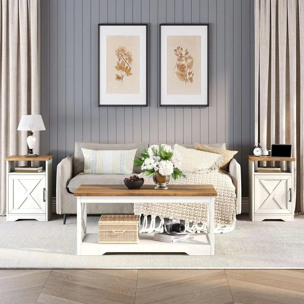 Rustic Armhouse Coffee Table Set With USB Charging Ports And End Tables