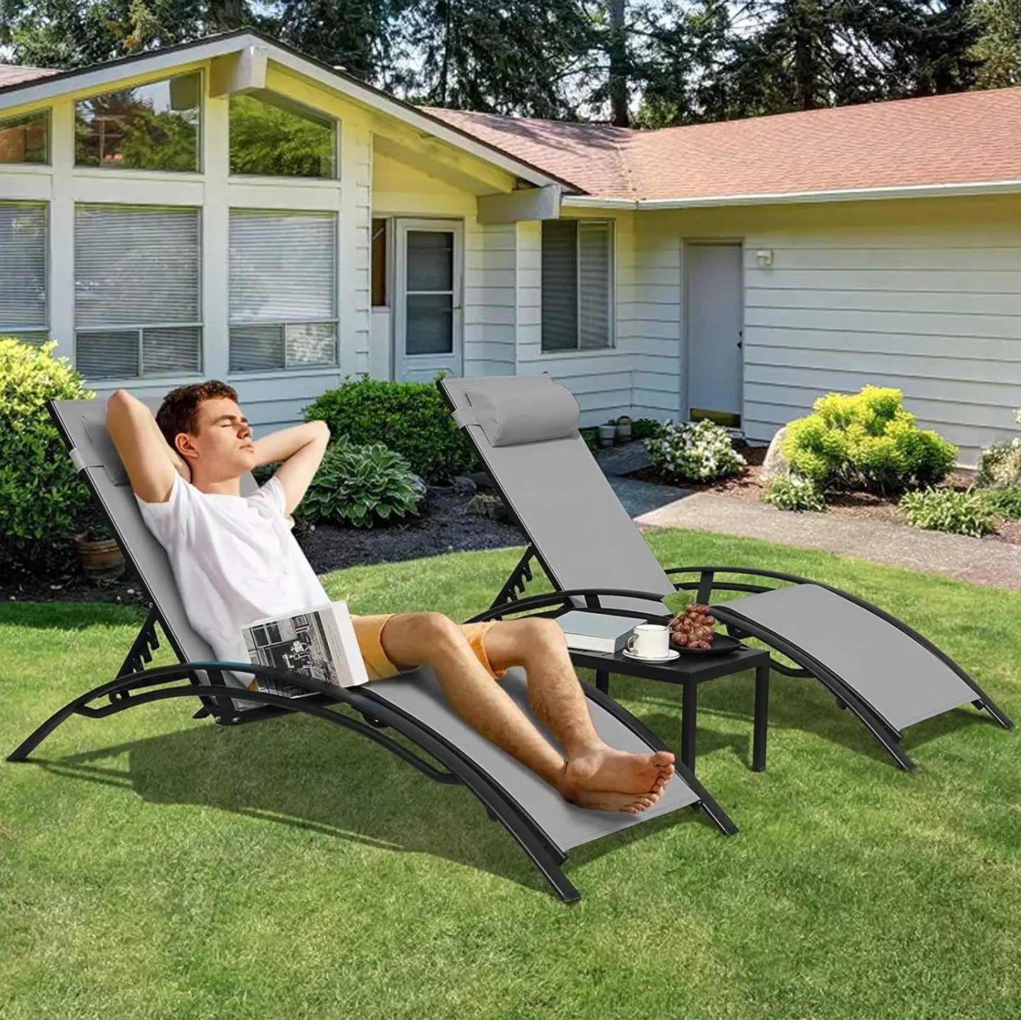 Homfa Aluminum Outdoor Lounge Chair Set With 5 Adjustable Backrests And Table