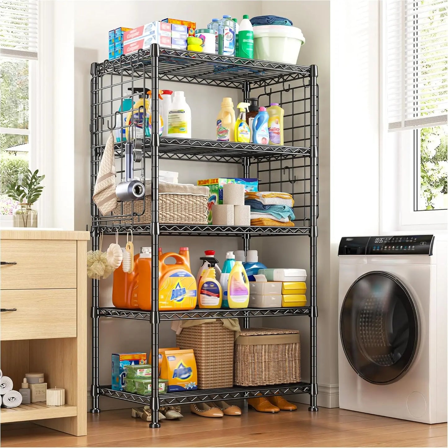5 Tier Stainless Steel Shelving With Side Hanging Net Hooks For Kitchen