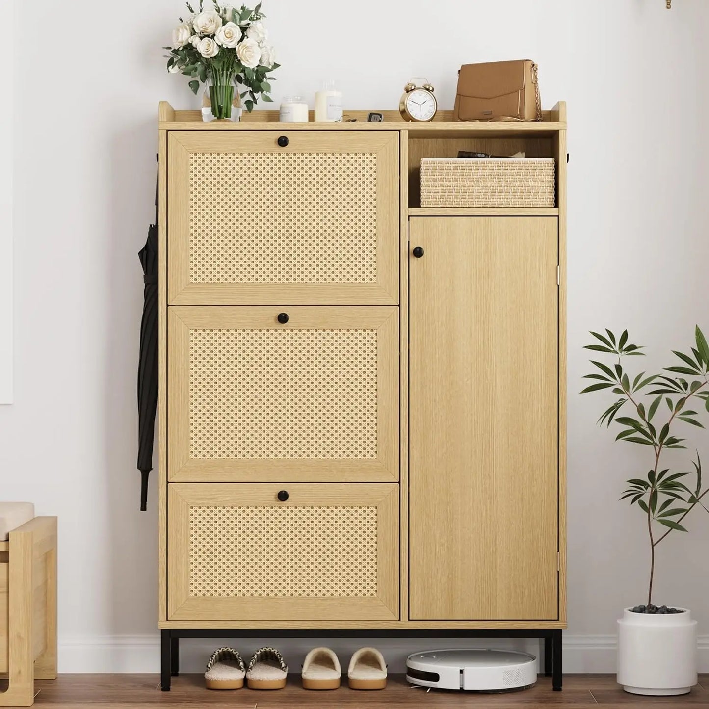 Rattan Shoe Cabinet With Four Tier Storage And Flip Drawers
