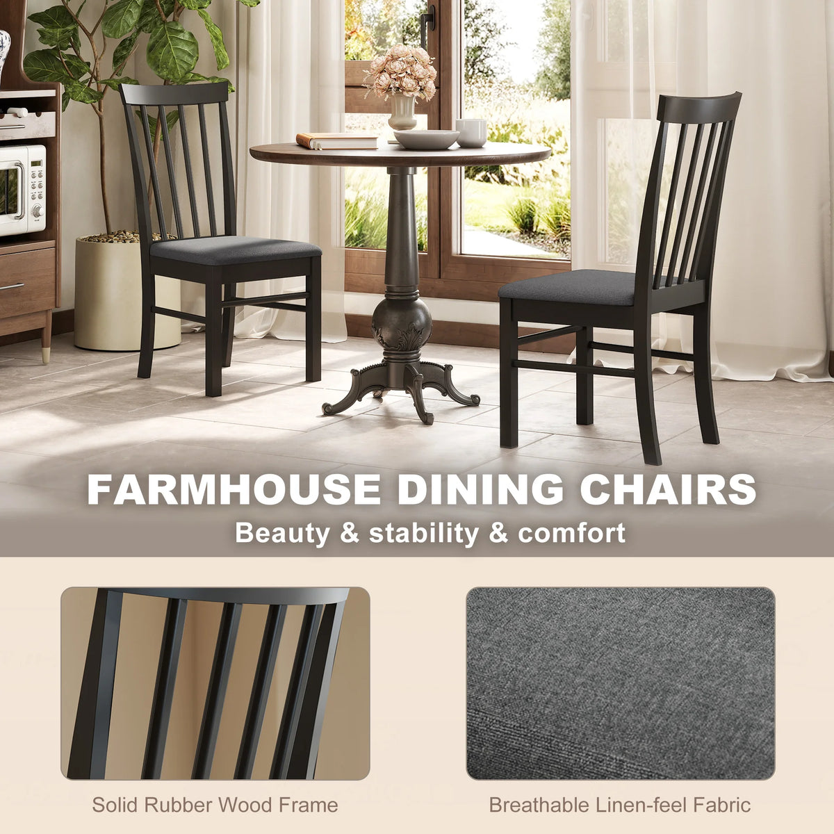HOMCOM Farmhouse Upholstered Wooden Dining Chairs Set