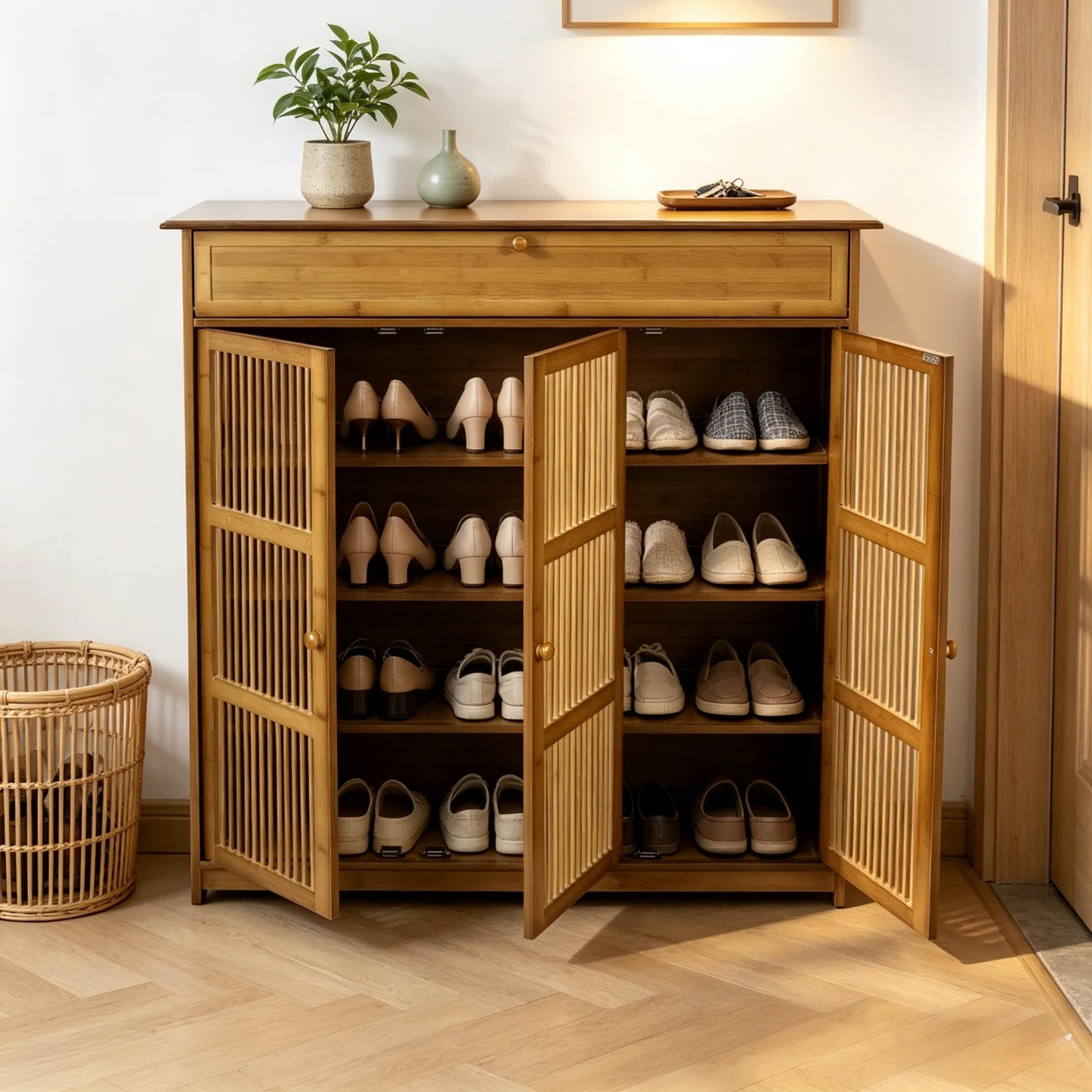 Bamboo Shoe Storage Cabinet With Hollow Doors For Entryway