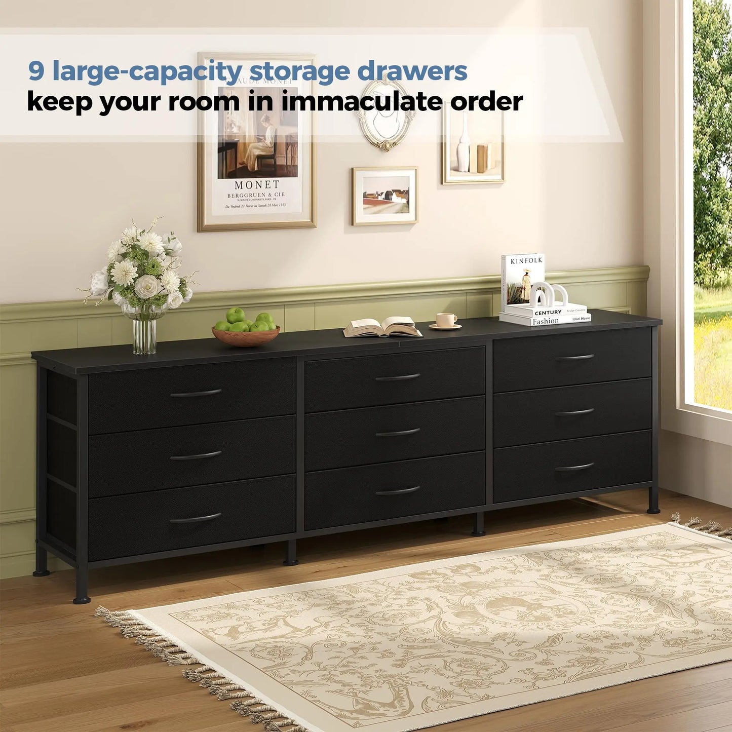 JHK Living Room Cabinet With 9 Fabric Drawers TV Console