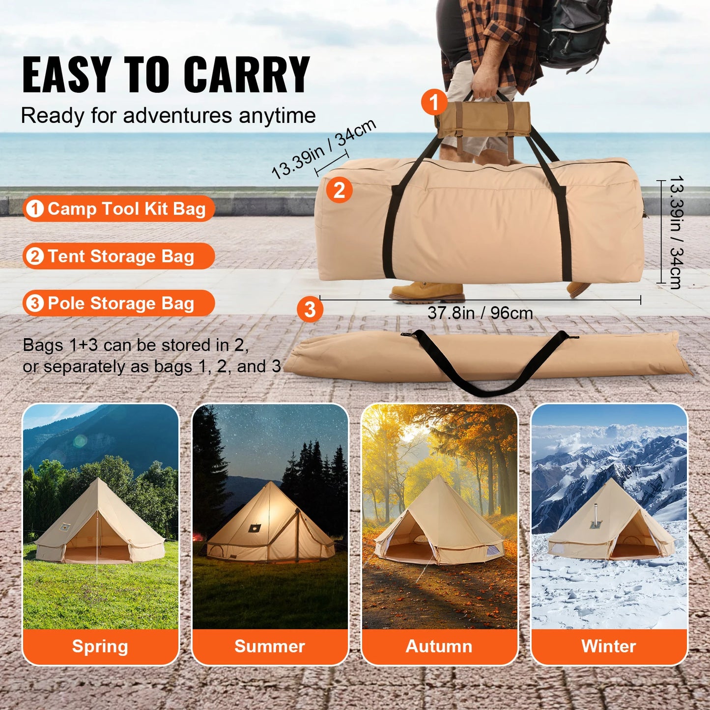 SucceBuy Canvas Bell Tent For Camping With Chimney Vent