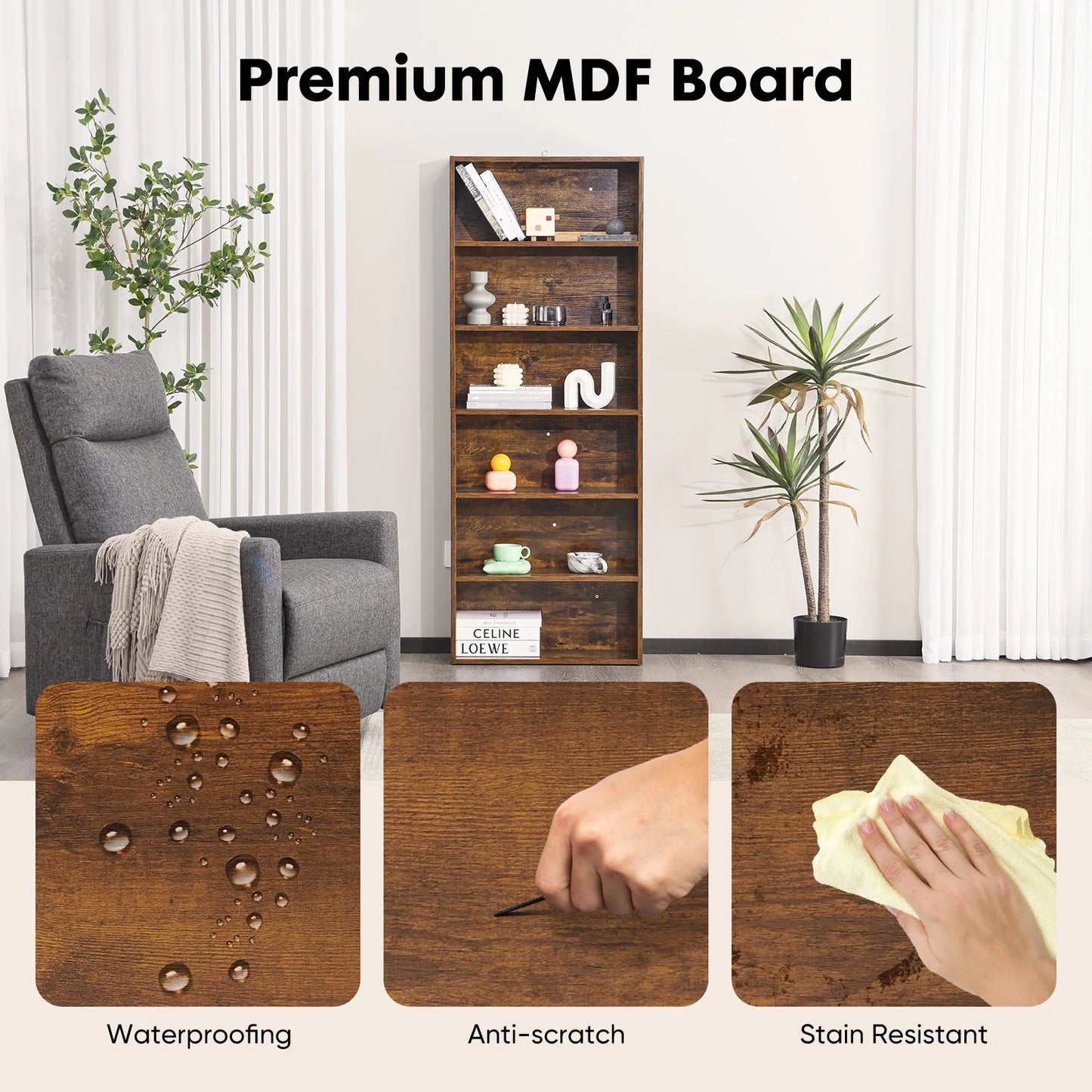 JHK 6 Tier Wooden Shelf Bookcase Modern Floor Standing