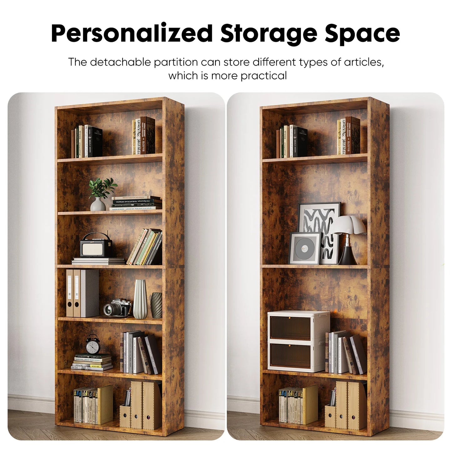 JHK 6 Tier Wooden Shelf Bookcase Modern Floor Standing