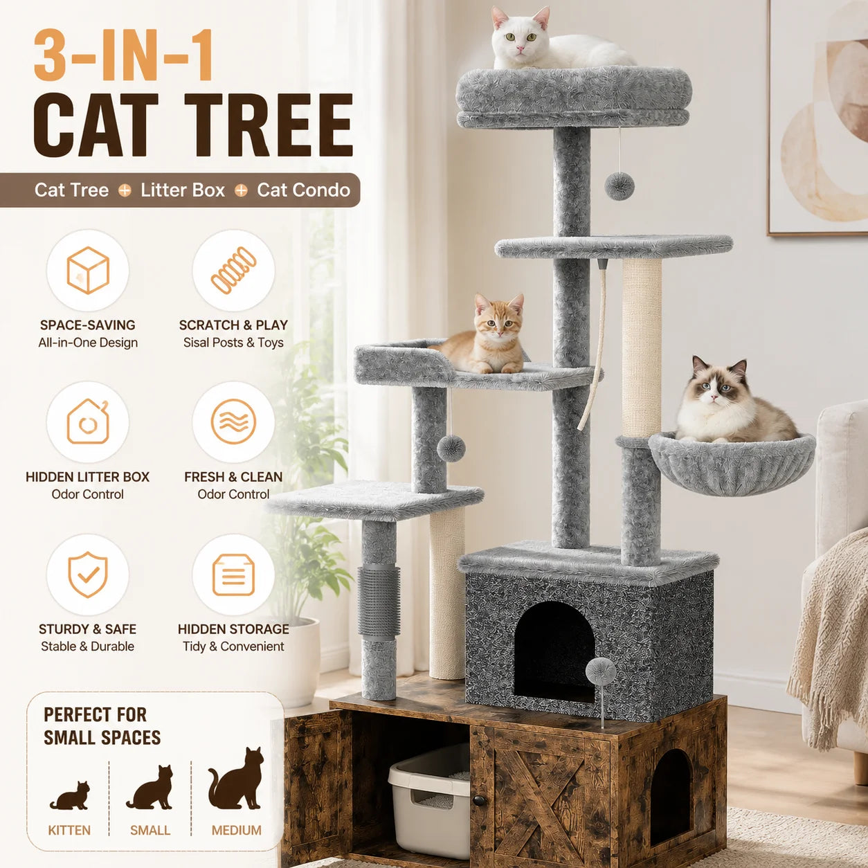 Three In One Modern Cat Tree With Hidden Litter Box Enclosure And Odor Control