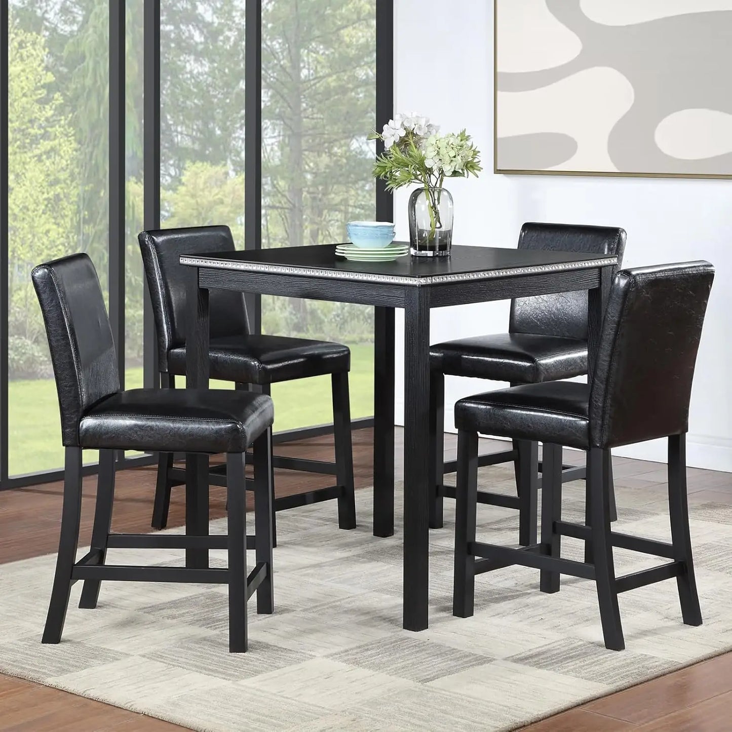 Solid Wood Dining Table Set For Four With Upholstered Chairs
