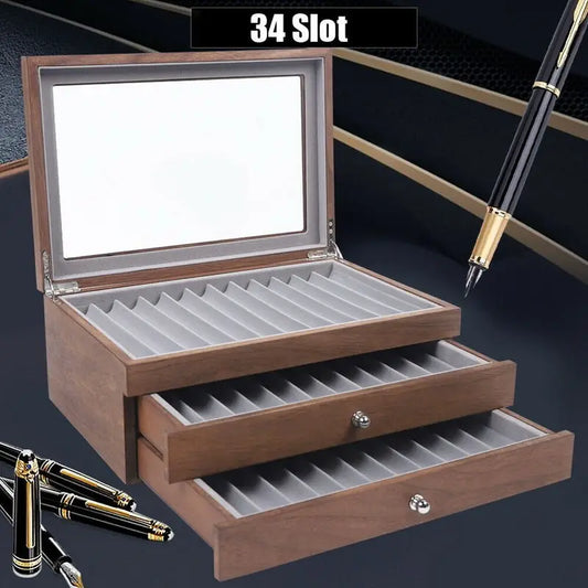 Pen Storage Case 34 Slots Wood Cabinet With Drawer