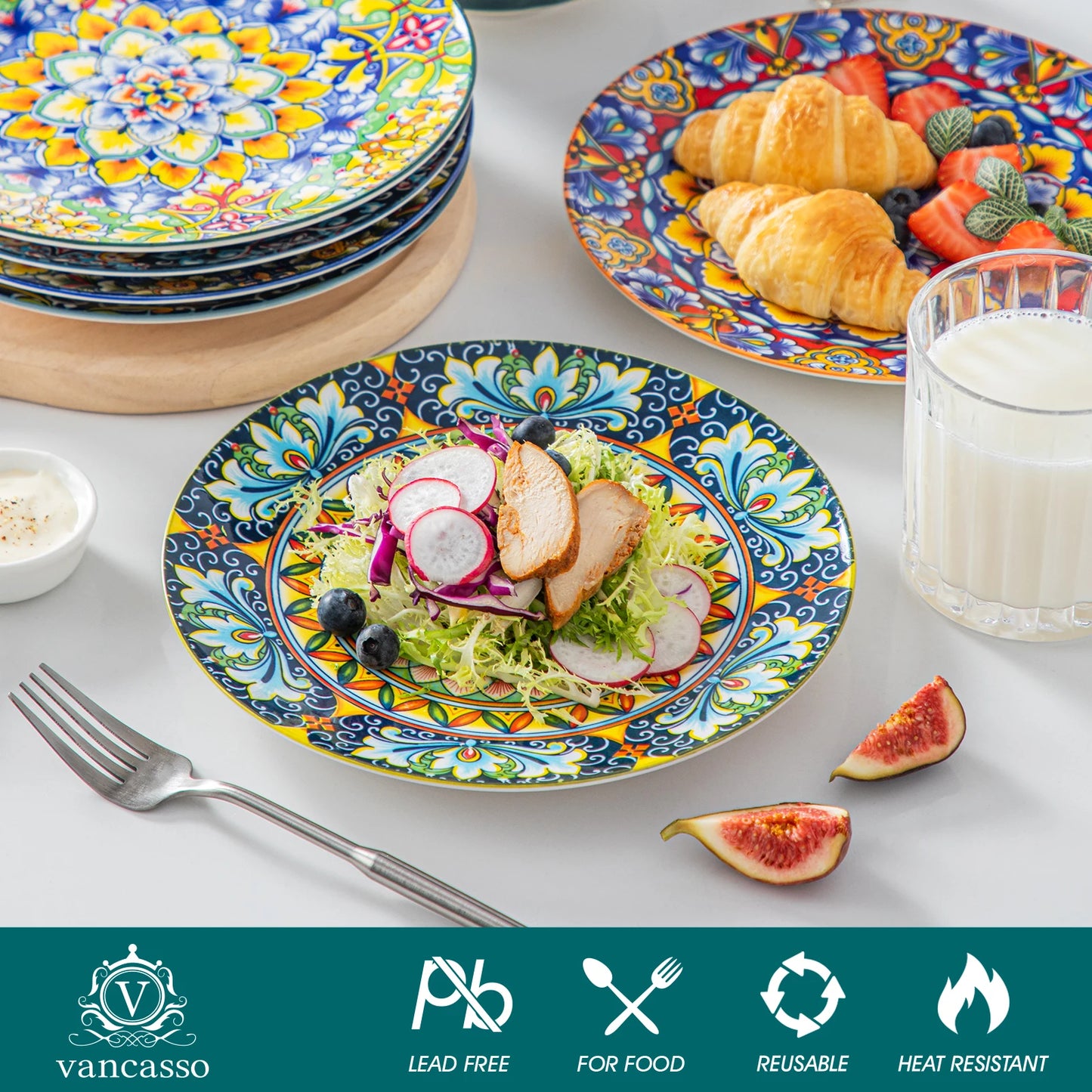 MALACASA Porcelain Dinner Plates Set Floral Round Ceramic