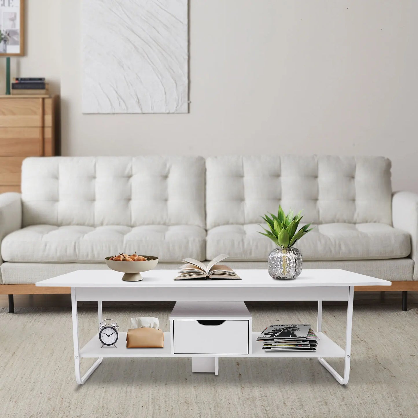 Modern Coffee Table With One Drawer And Two Tiers Wooden