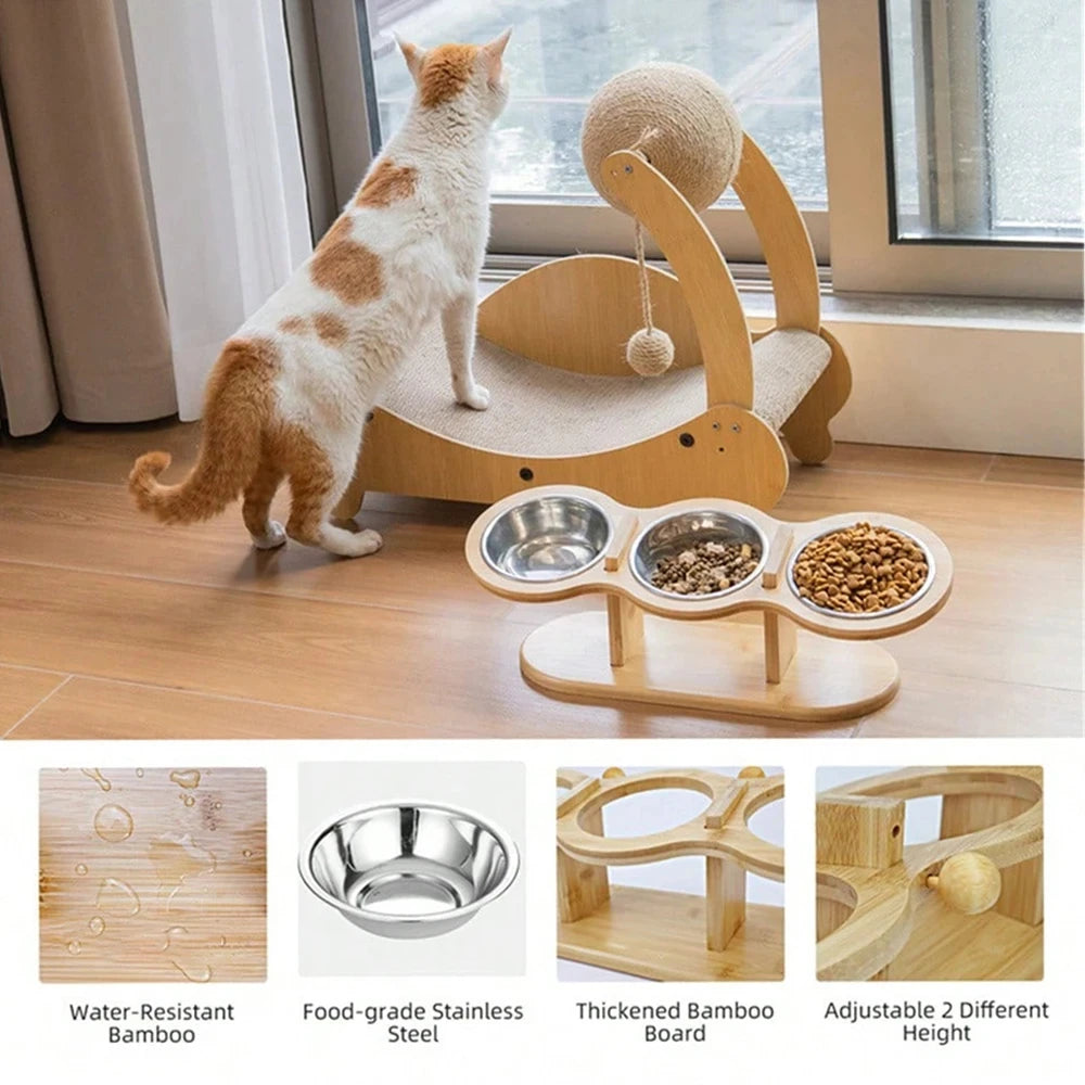 Cat Raised Feeder Three Stainless Steel Bowls Tilted 15 Degree