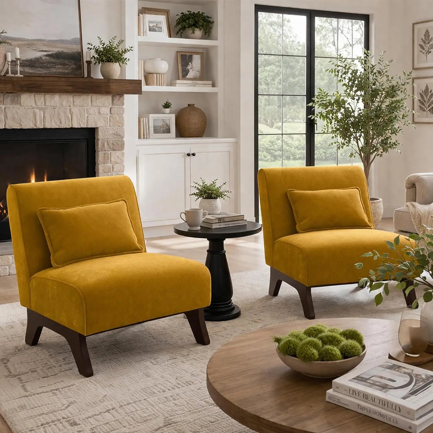 Modern Armless Accent Chair Set of 2, Wooden Legs & Pillows, Comfy Lounge Sofa Side Chair for Living Room, Custom