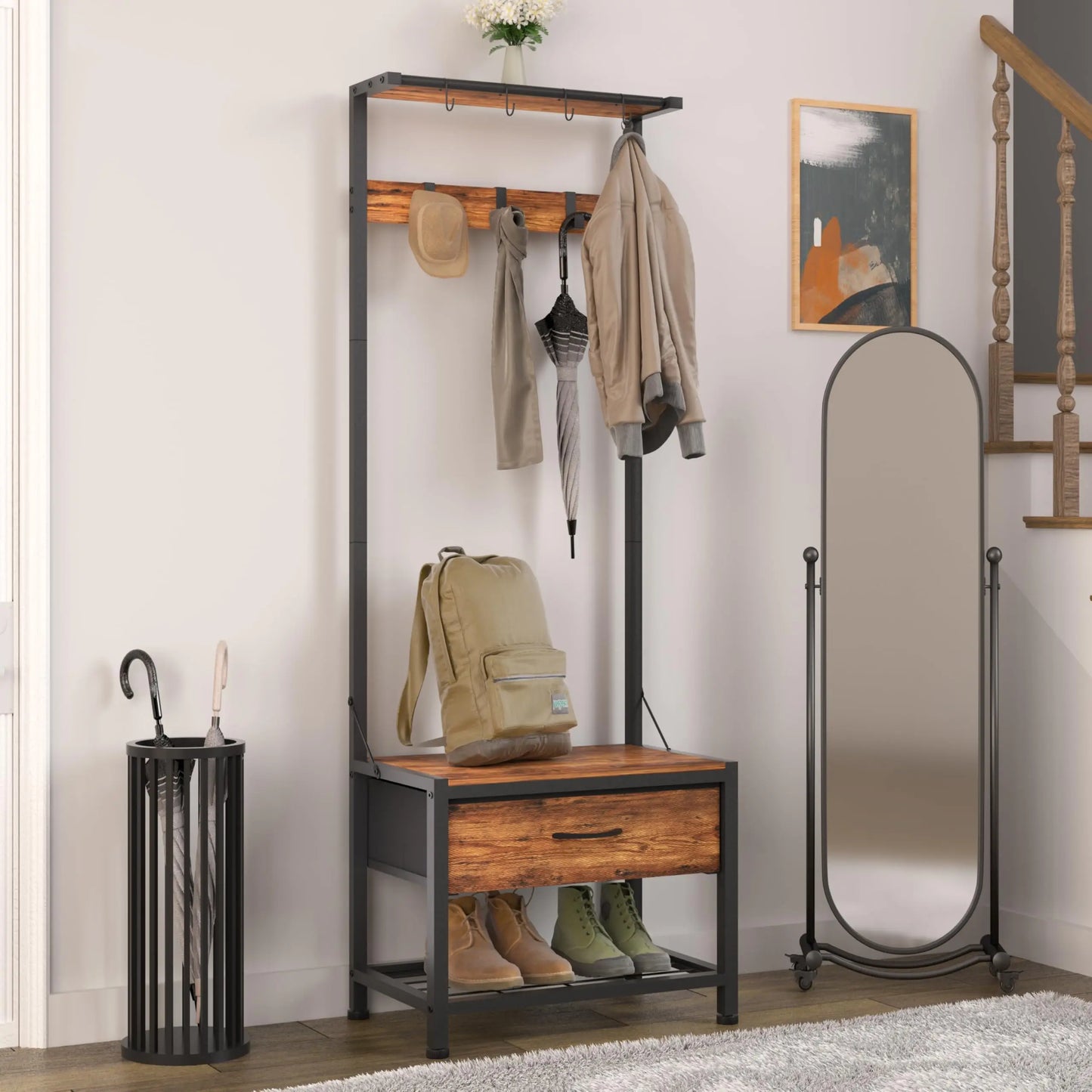 XIUWO Hall Tree With Shoe Bench And 4 In 1 Entryway Organizer