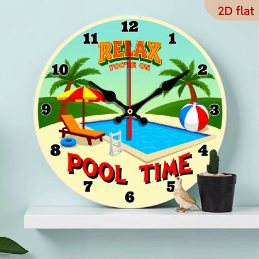 10 Inch Tropical Pool Time Wooden Wall Clock - Silent Non-Ticking Beach-Themed Pool Party Decor with Palm Trees, Lounge Chairs &