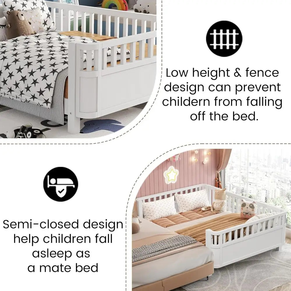 Modern Pine Wood Kids Floor Bed With Side Rails And Slats