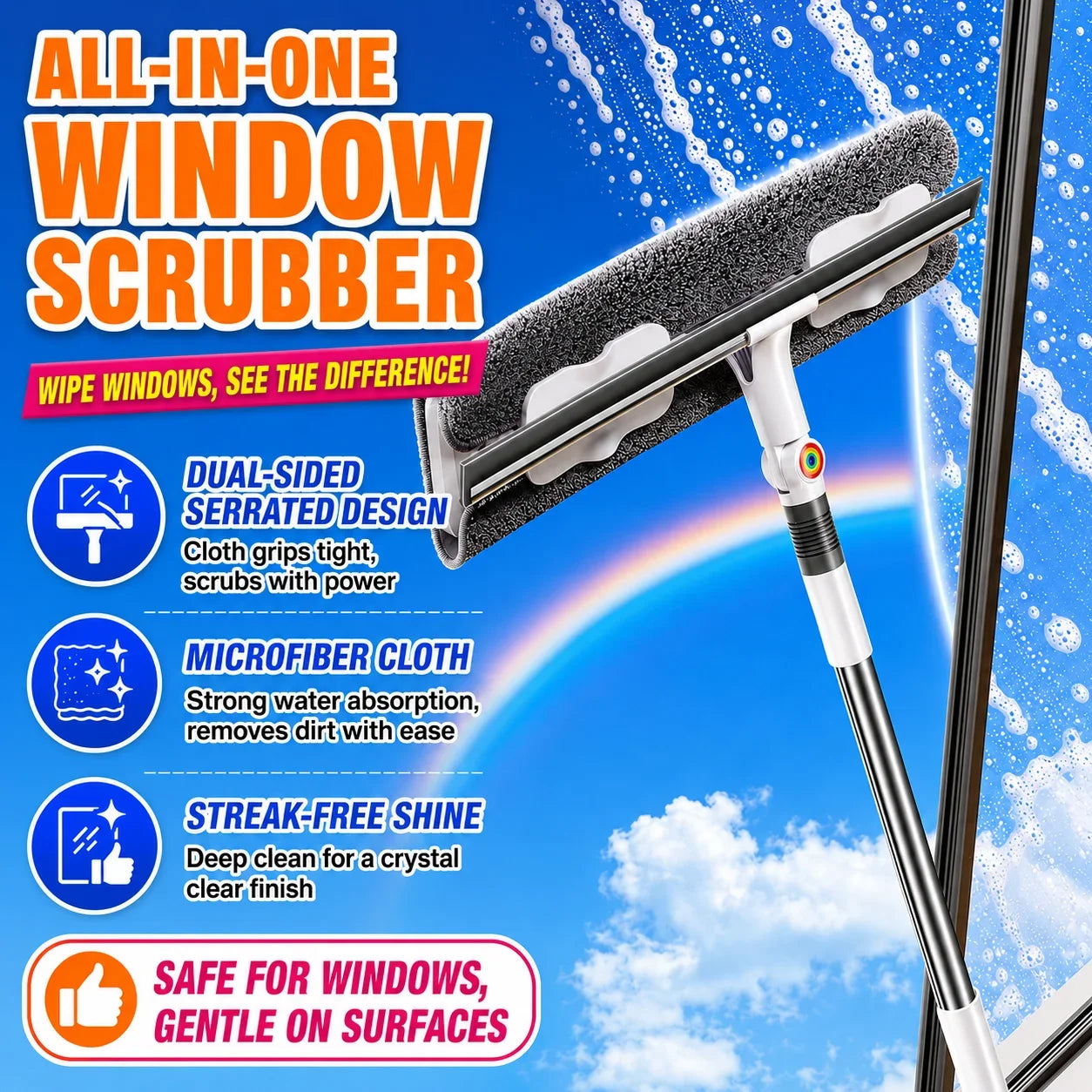 Joybos 2-in-1 Window Squeegee With Extendable Pole And Microfiber Pad