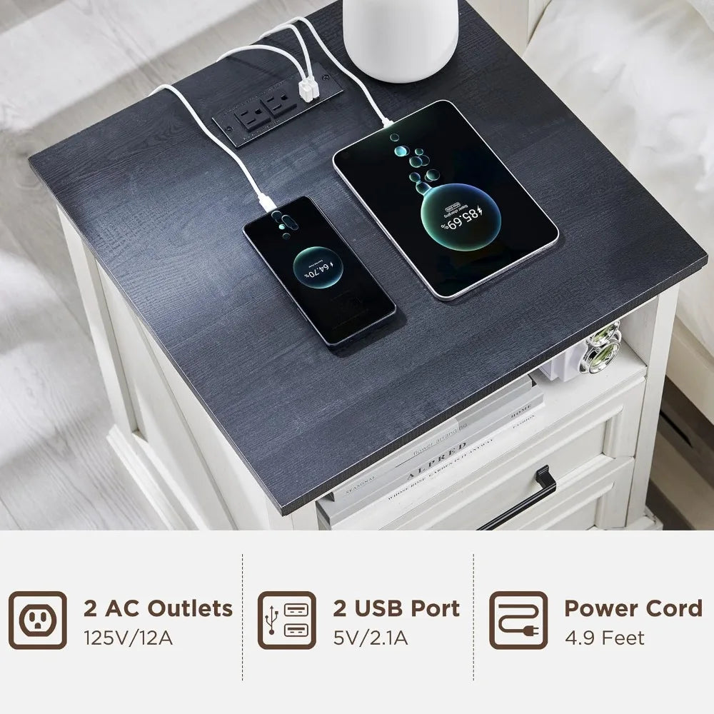 Farmhouse Nightstands Set Of Two Drawers And Charging Station