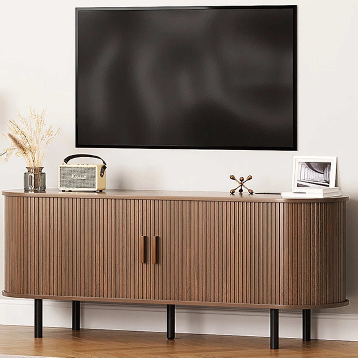 ONBRILL TV Stand With Power Outlet And Sliding Storage Doors