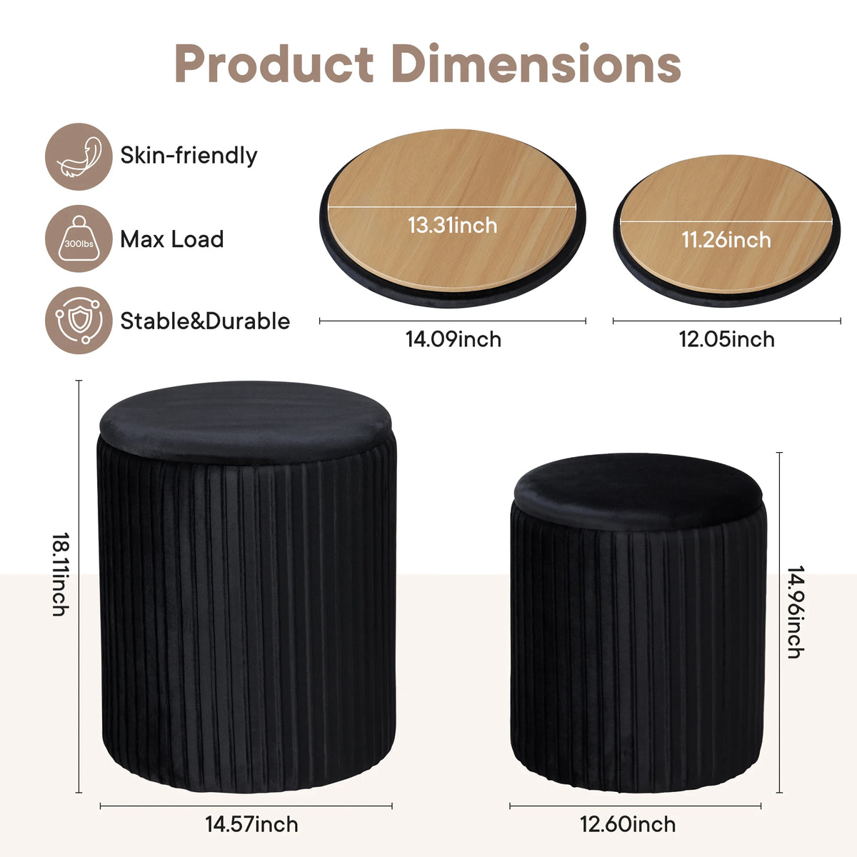 JHK Round Wooden Ottoman With Hidden Storage Footstool Set