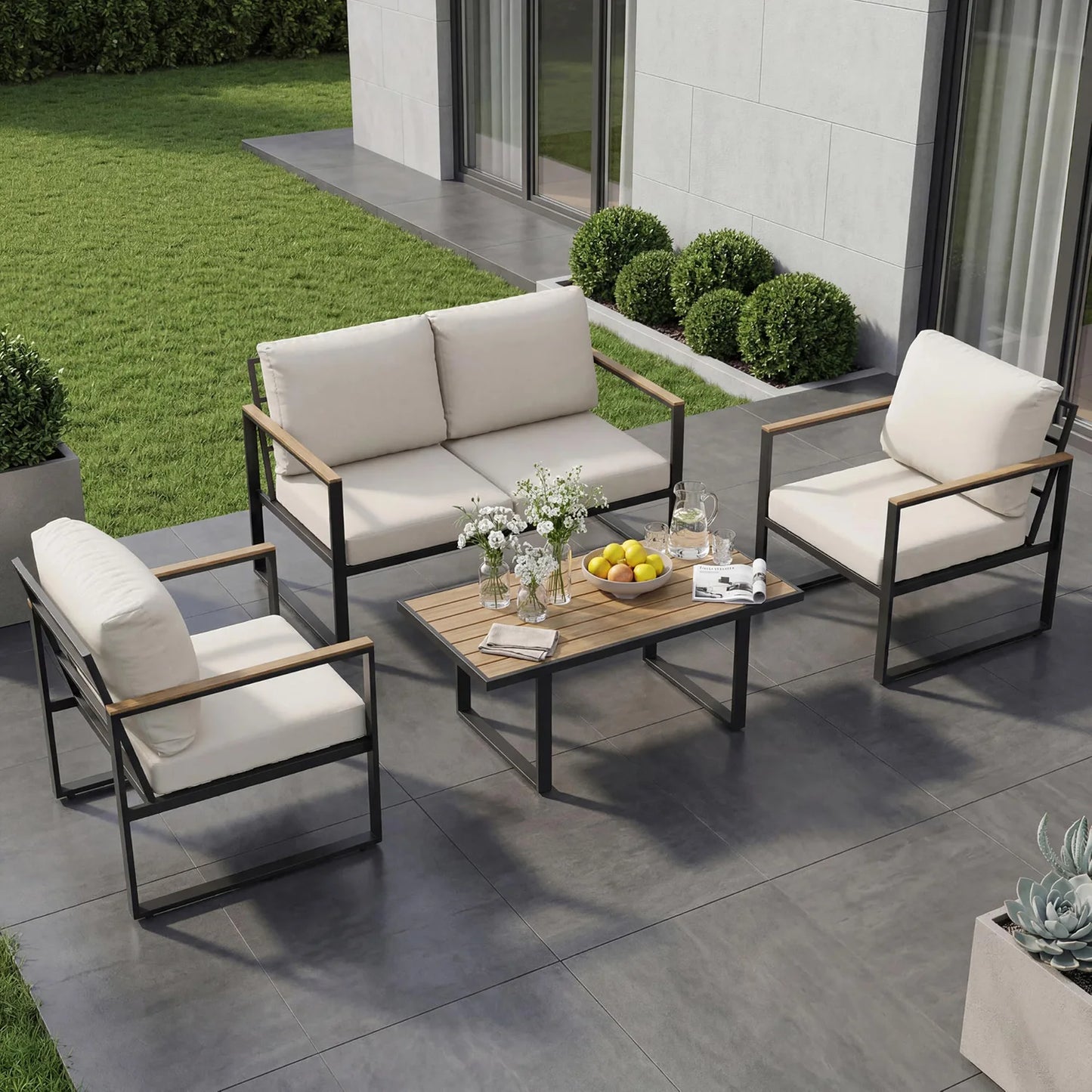 HobbyLane Modern 4 Piece Patio Set With Coffee Table Cushions