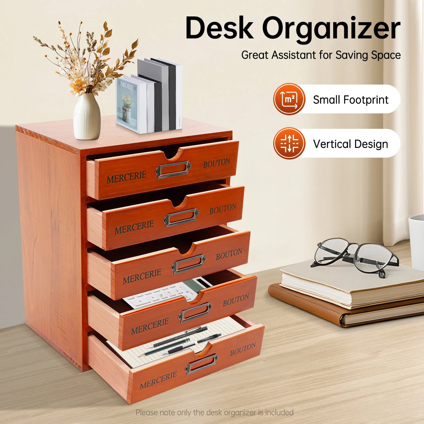 Wooden Five Drawer Desk Organizer for Office and Bedroom