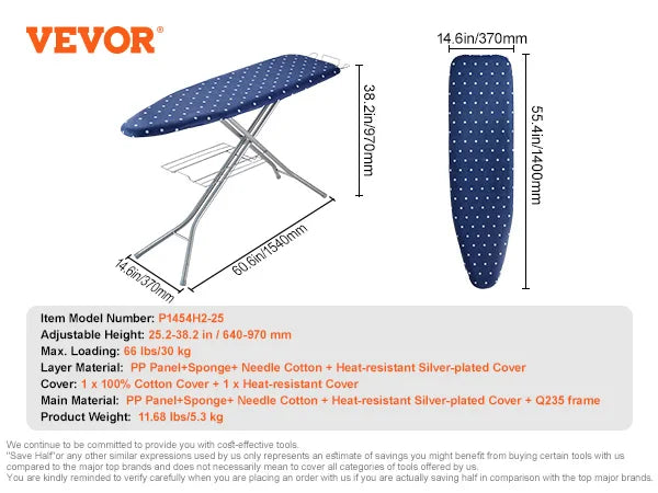 Full Size Ironing Board Height Adjustable Foldable Legs Removable Cover