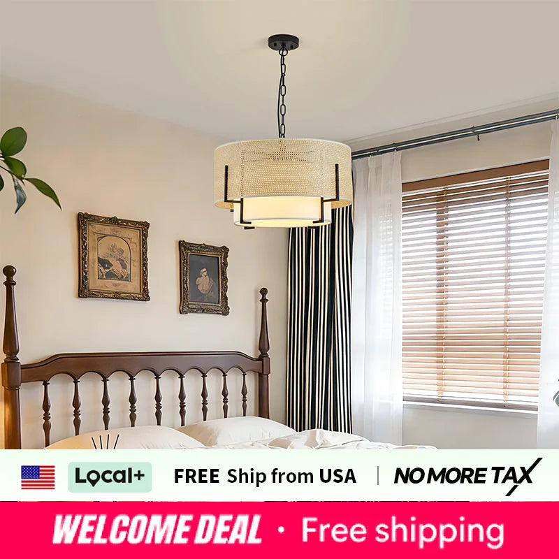 Zhikea Farmhouse Boho Chandelier With Rattan And Fabric Shade