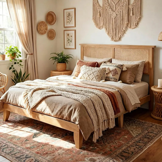 Rattan Bed Frame With LED Lights Boho Platform Bed