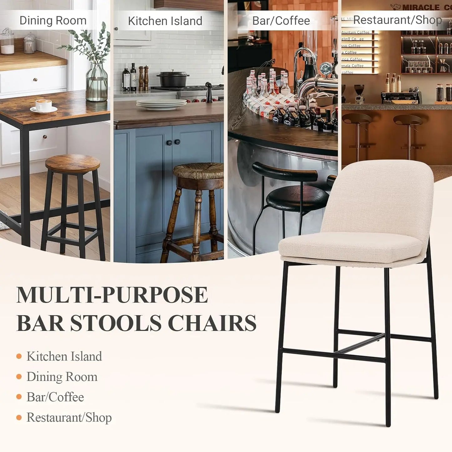 Counter Height Bar Stools Set Of 4 With Back Modern Upholstered Fabric