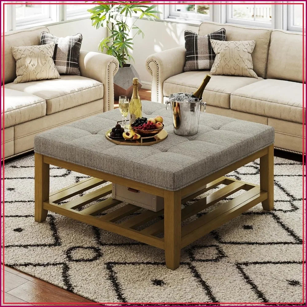 Square Ottoman Coffee Table With Wood Shelf Storage Tufted