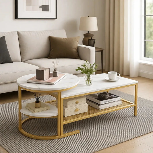 Nesting Coffee Table Set With Faux Marble and Metal Frame