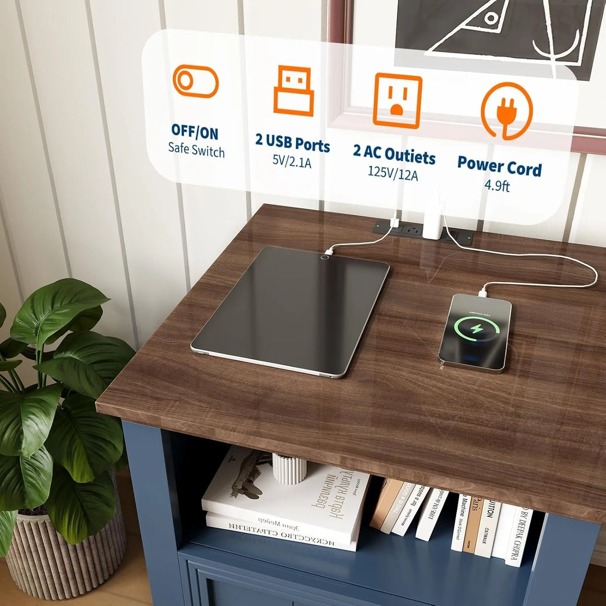 ANIXOL Modern Fluted Nightstand With USB Charging Station