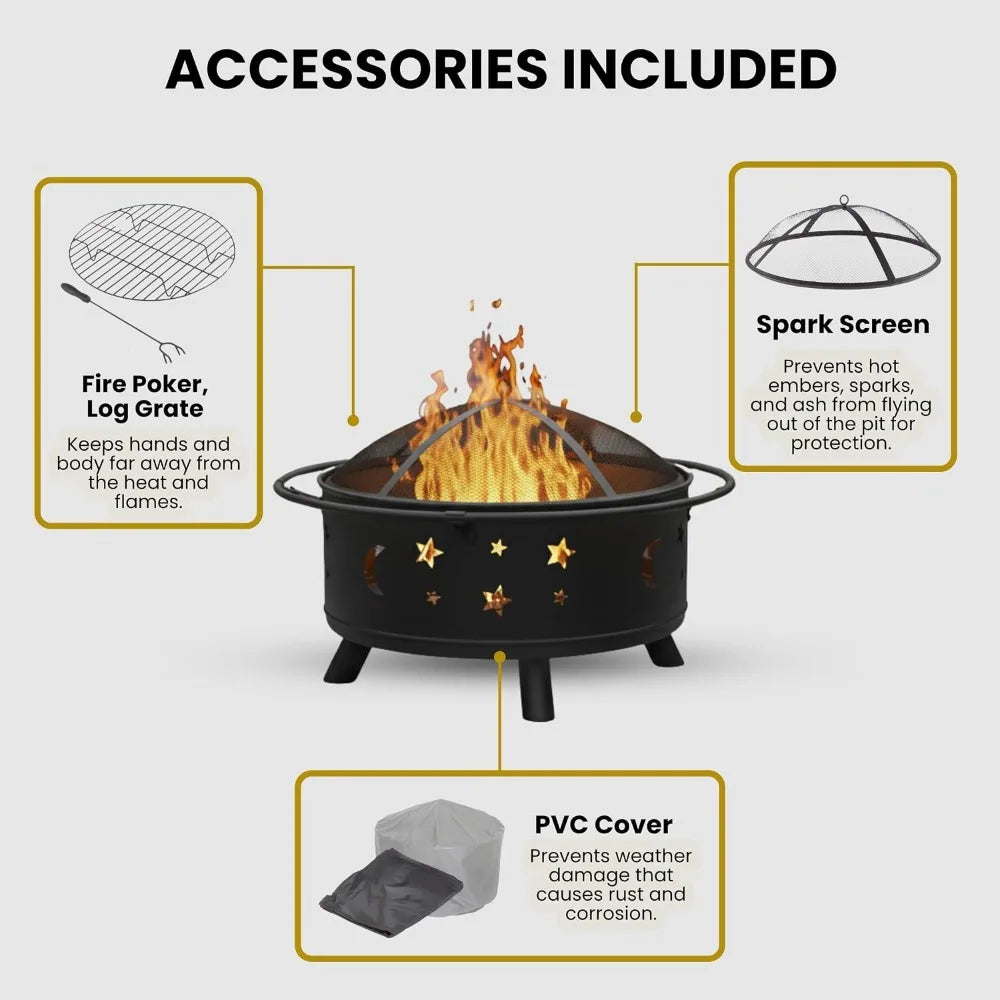 Outdoor Wood Burning Fire Pit With Spark Screen Poker Cover