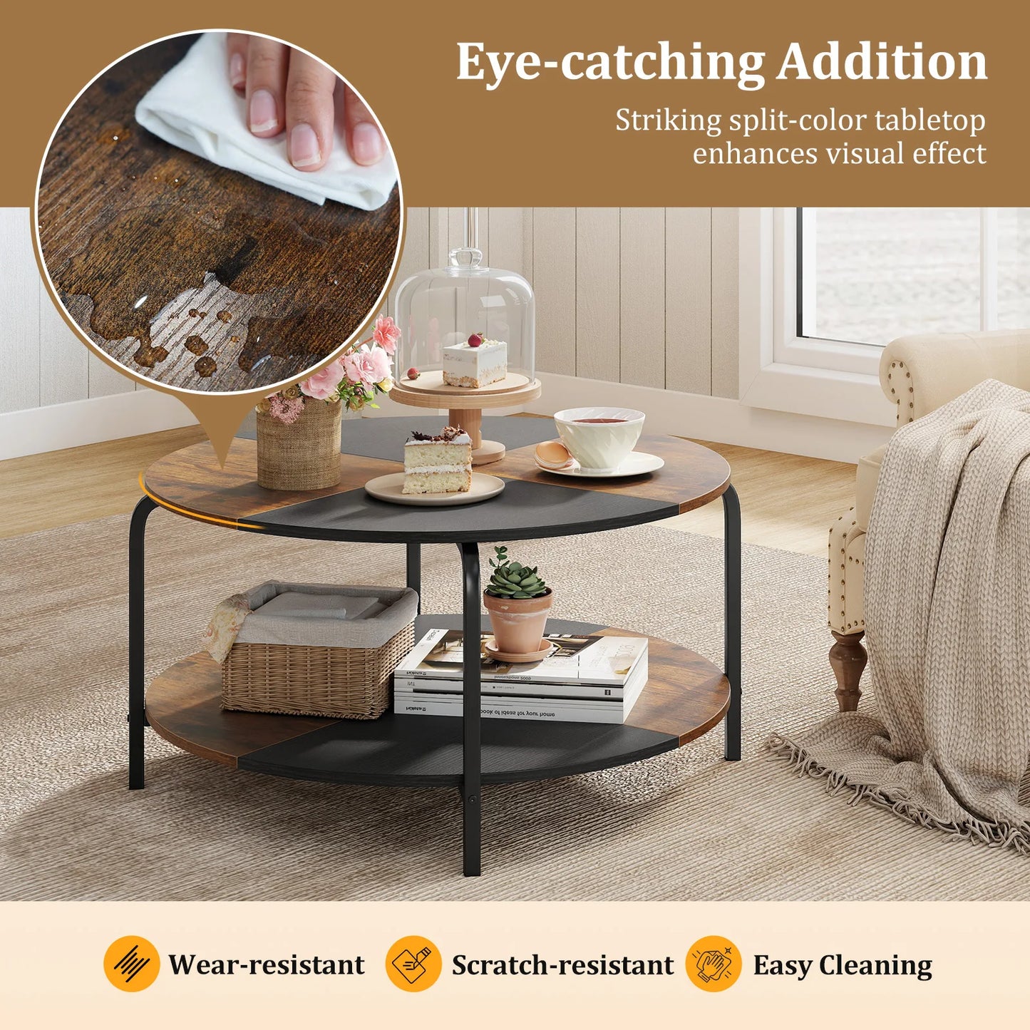 HOMASIS 2 Tier Round Coffee Table With Storage Shelf