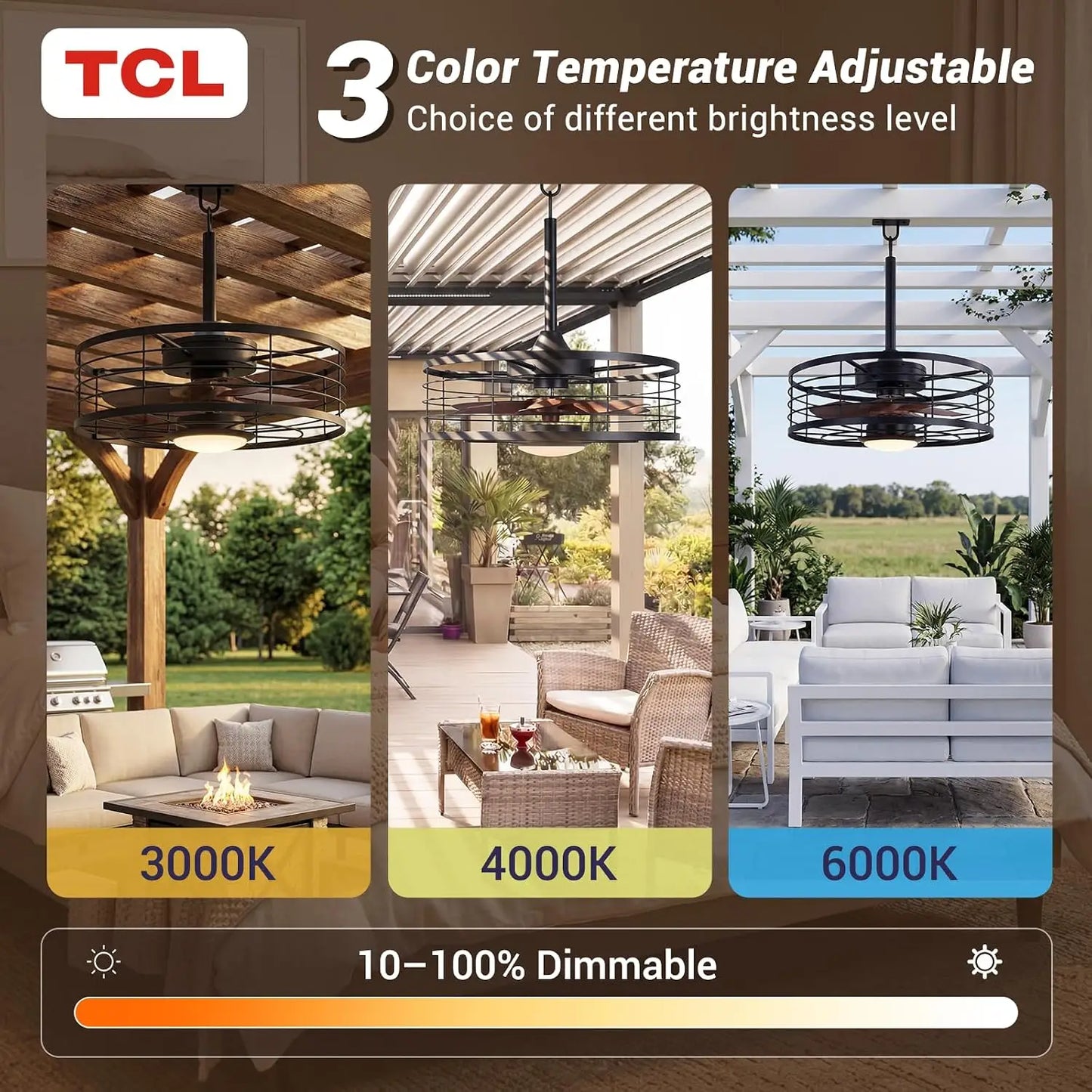 Metal Cage Ceiling Fan With Light Remote DC Motor Dimmable LED