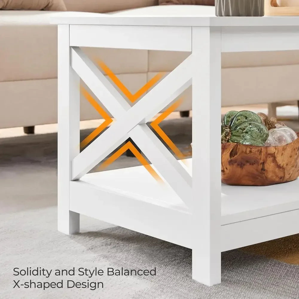 Two Tier Wood Coffee Table With Storage Shelves Living Room