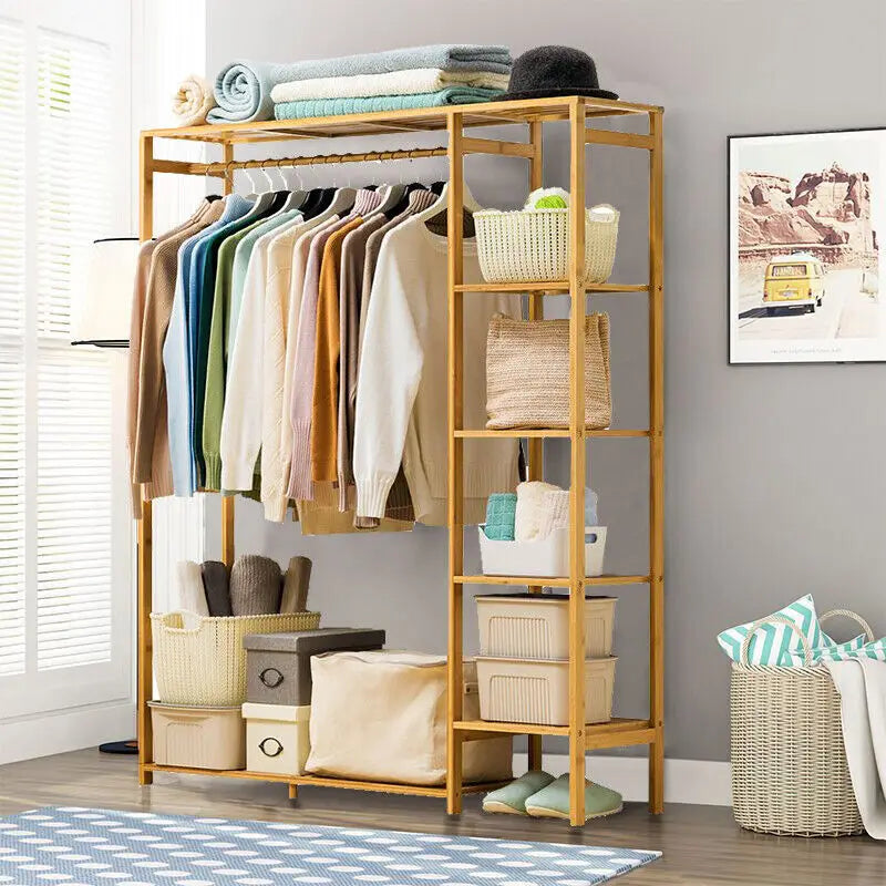 BINGOPAW Bamboo Wood Coat Rack With Shelves For Home Organization