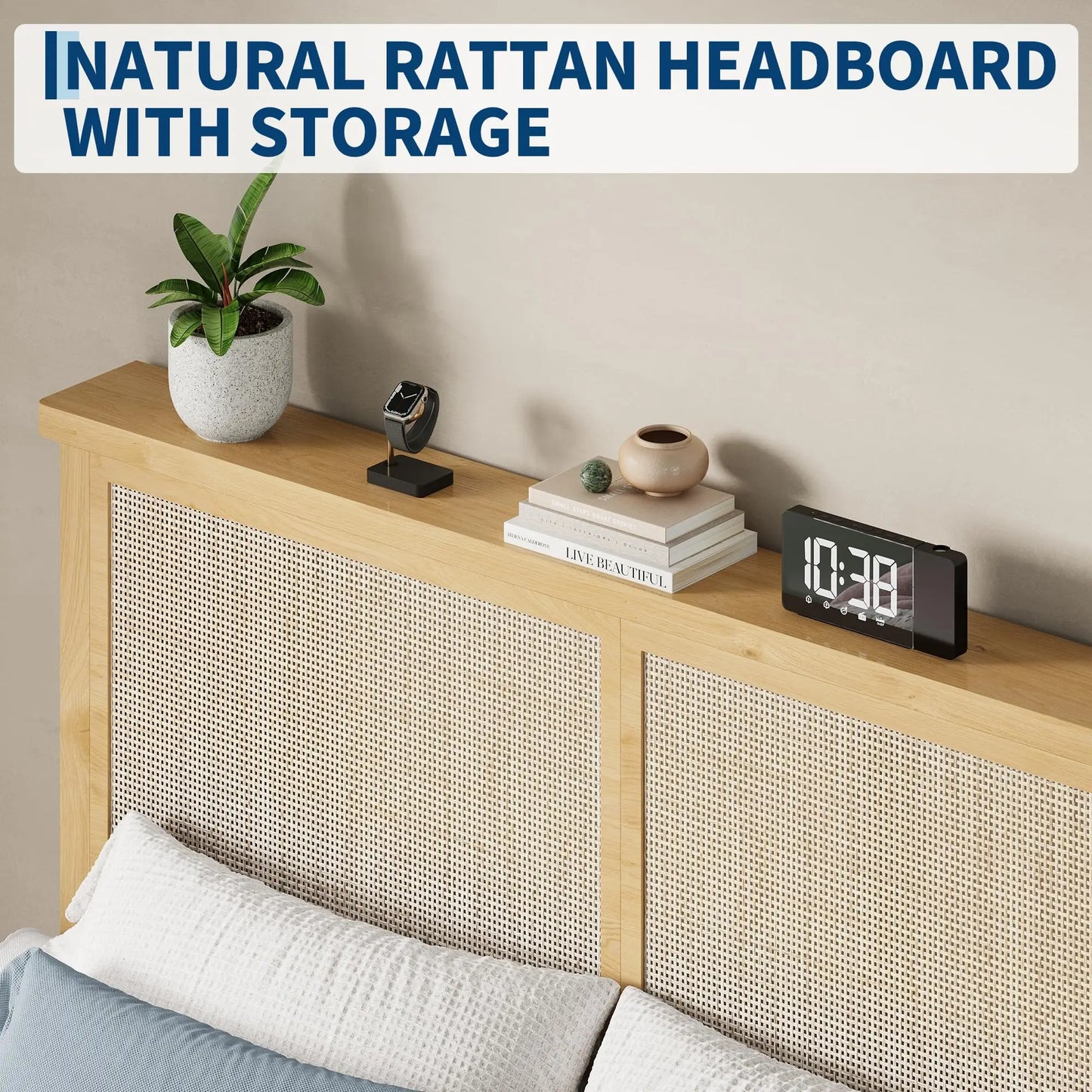 Rattan Bed Frame With LED Lights Boho Platform Bed