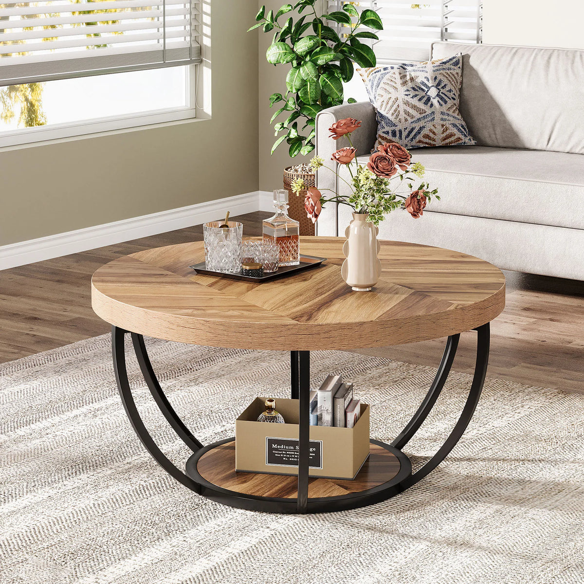 Tribesigns Industrial Round Coffee Table with Two Tier Storage Shelves