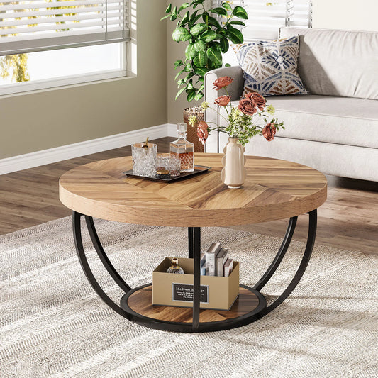 Tribesigns Industrial Round Coffee Table with Two Tier Storage Shelves