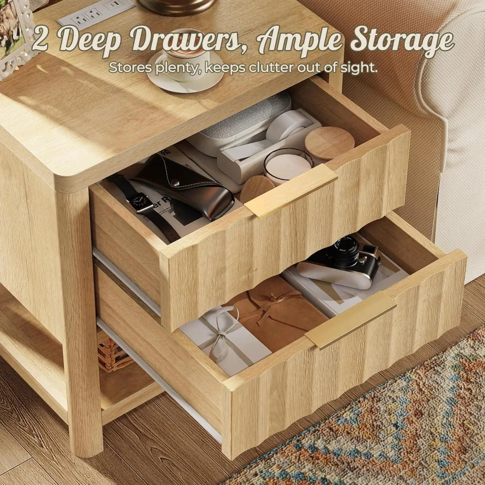 Fluted Wood Nightstands With USBC Charger Station Set Of 2