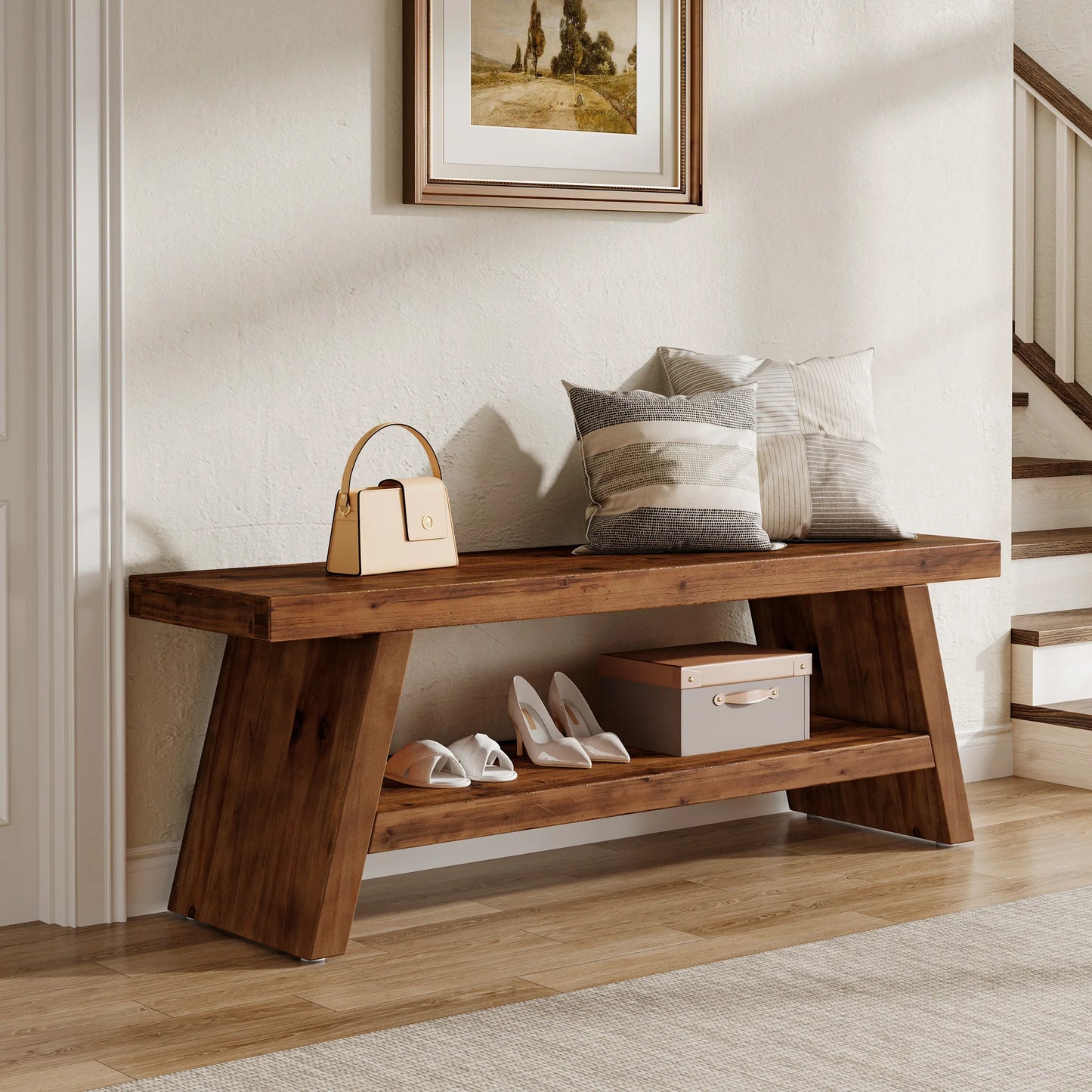 Tribesigns Solid Wood Entryway Bench 2 Tier Shoe Storage